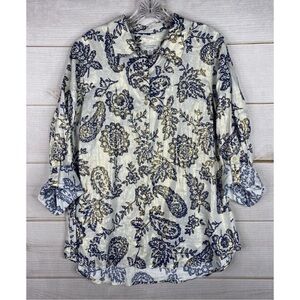 Charter Club Weekend Linen Blue Floral Iridescent Button Up Top Sz XL
